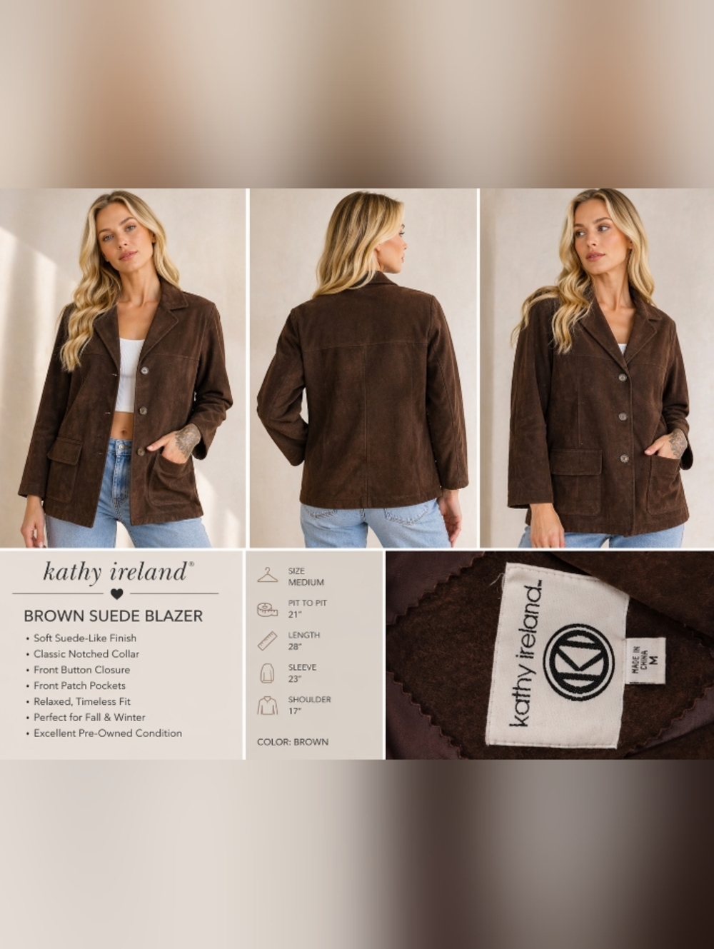 kathy ireland Brown Leather Blazer Jacket - Women's Tailored Notch Lapel